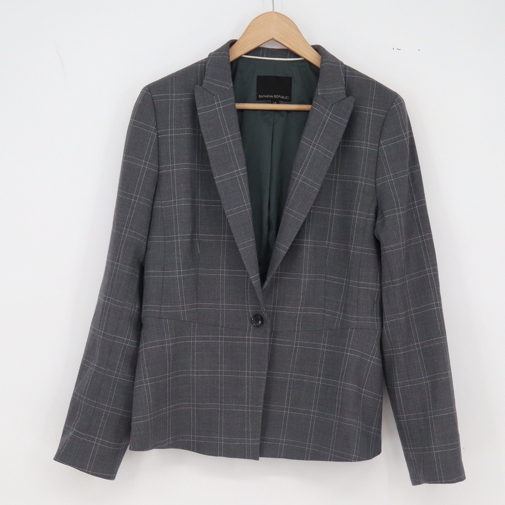 Banana Republic Wool Blazer Womens 14 Plaid Grey Peplum Back Excellent